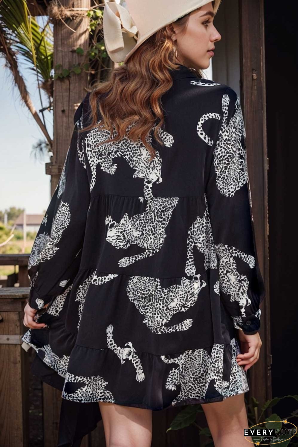 leopard print collared button up shirt dress with ruffled sleeves
