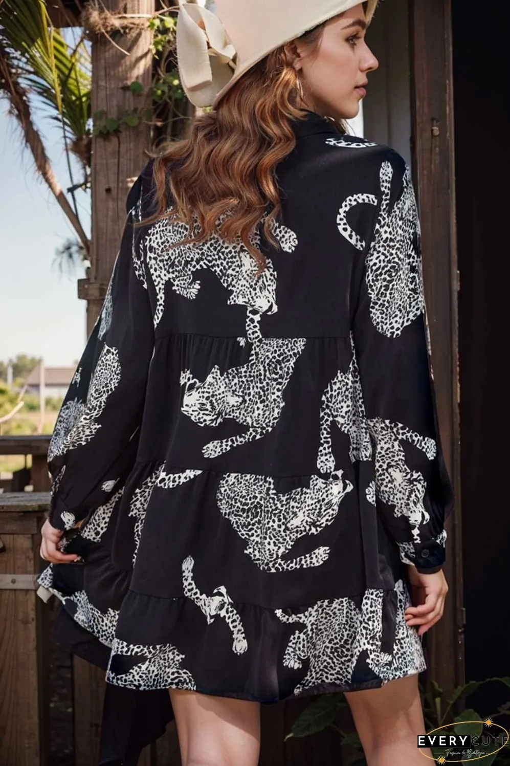 leopard print collared button up shirt dress with ruffled sleeves