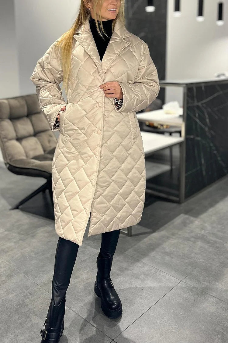 Women's Glossy Quilted Mid-Length Cotton Jacket with Lapel Collar-1121
