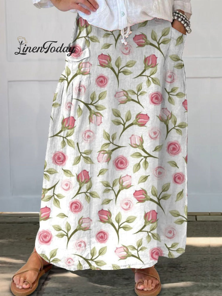 Women&rsquo;s Rose Floral Print Linen Pocket Skirt Multicolor / S