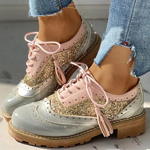 Lace-Up Sequins Insert Chunky Heeled Boots