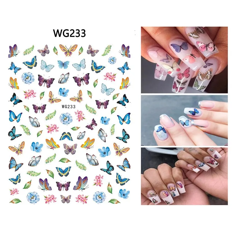 1pc Holographic Blue Nail Stickers Pink Colorful Butterfly Art Sticker With Adhesive DIY Extension Flowers Rose Nail Decoration-Nail Inspo