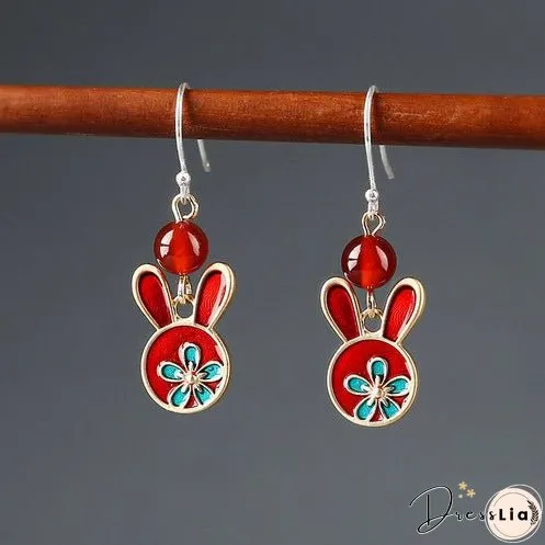 Red earrings antique rabbit earrings with cheongsam retro sterling silver ethnic earrings
