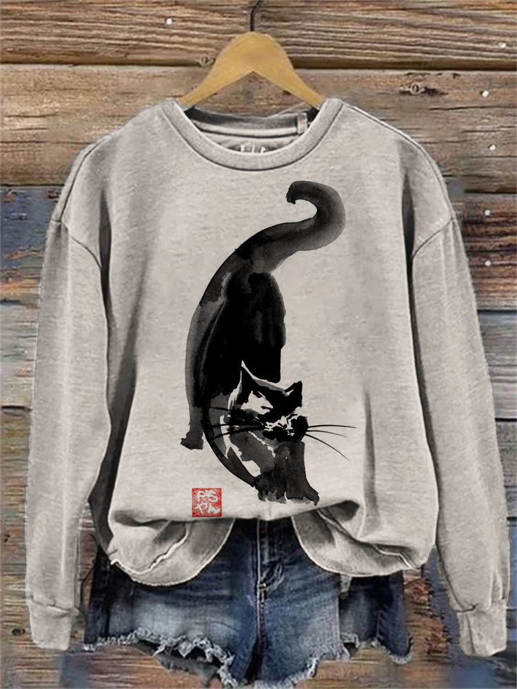 Lovely Black Cat Art Graphic Vintage Cozy Sweatshirt elevenforest