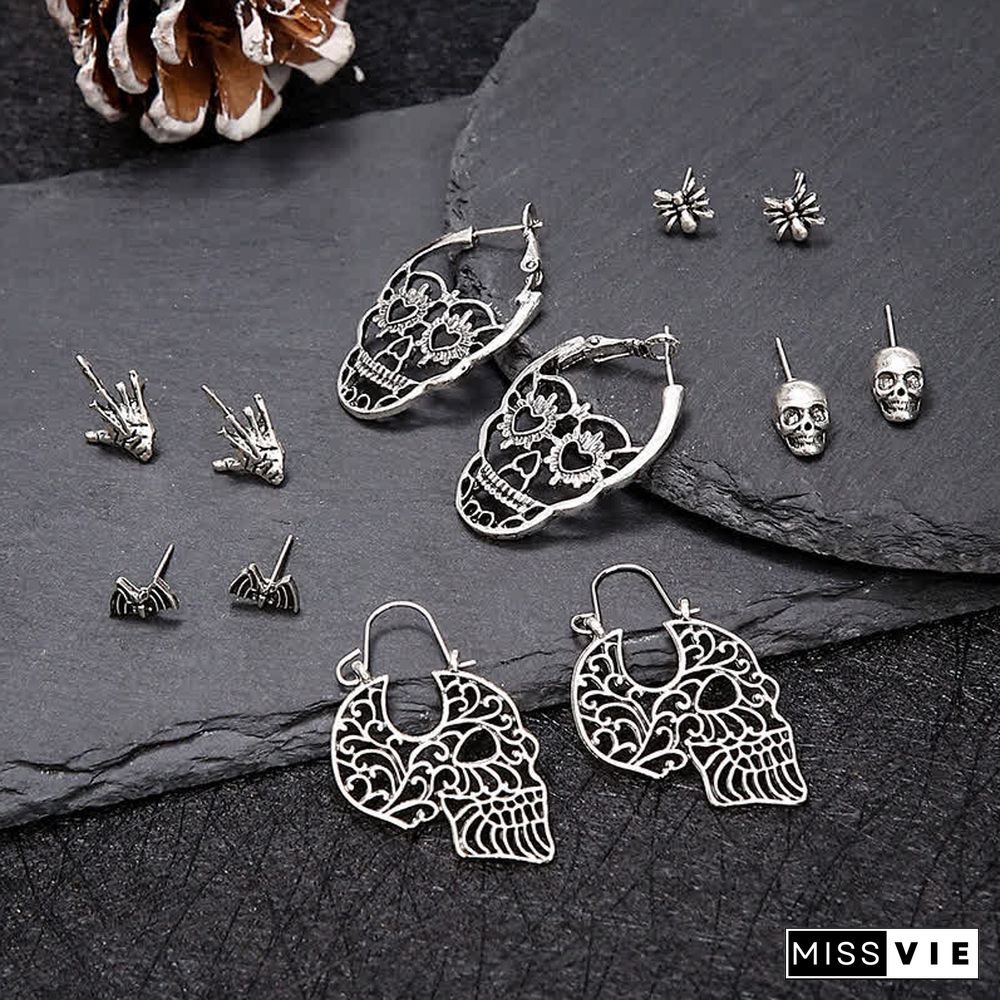 6 Pairs Skull Spider Bat Design Stud Earrings