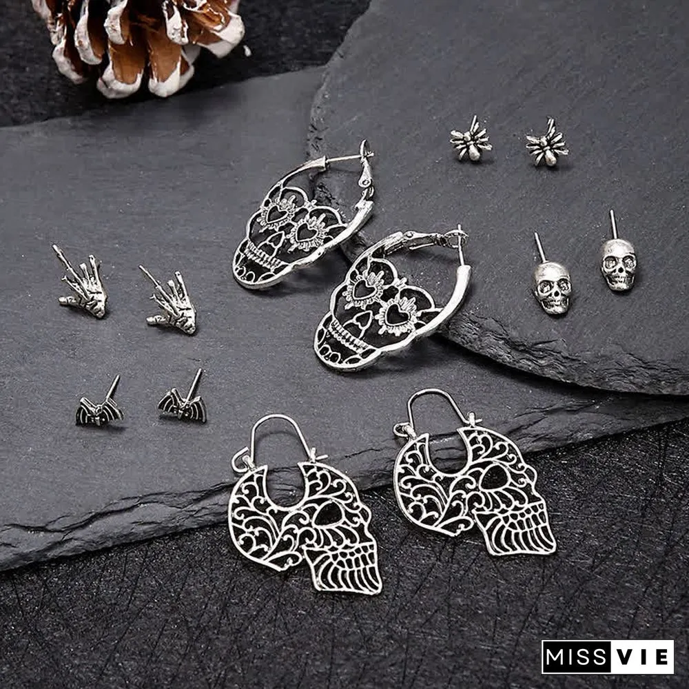 6 Pairs Skull Spider Bat Design Stud Earrings
