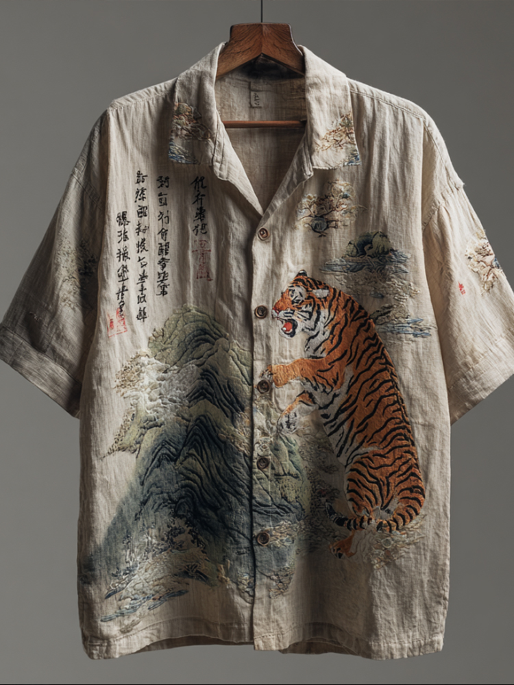 Vintage Japanese Style Tiger And Calligraphy Patchwork Washed Short Sleeve Shirt elevenforest