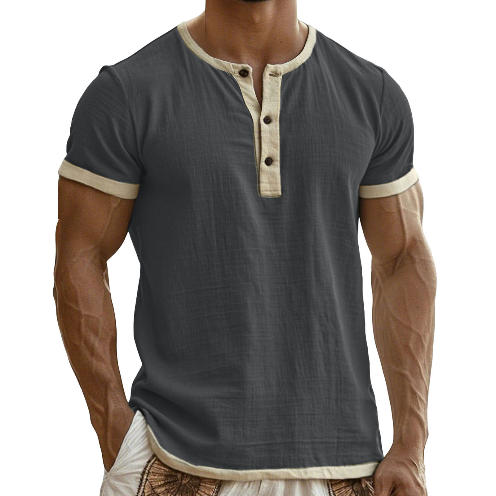 Men's Retro Color-blocked Henley Collar Cotton-linen Shirt elevenforest