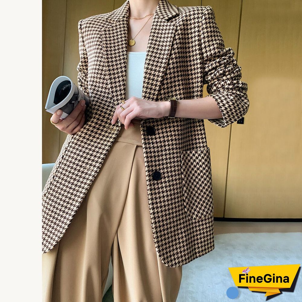 Women Jacket Long Sleeve Plaid Blazer with Belt Autumn Coat Office Lady Elegant V-Neck Over Size Blazers for Women with Pockets