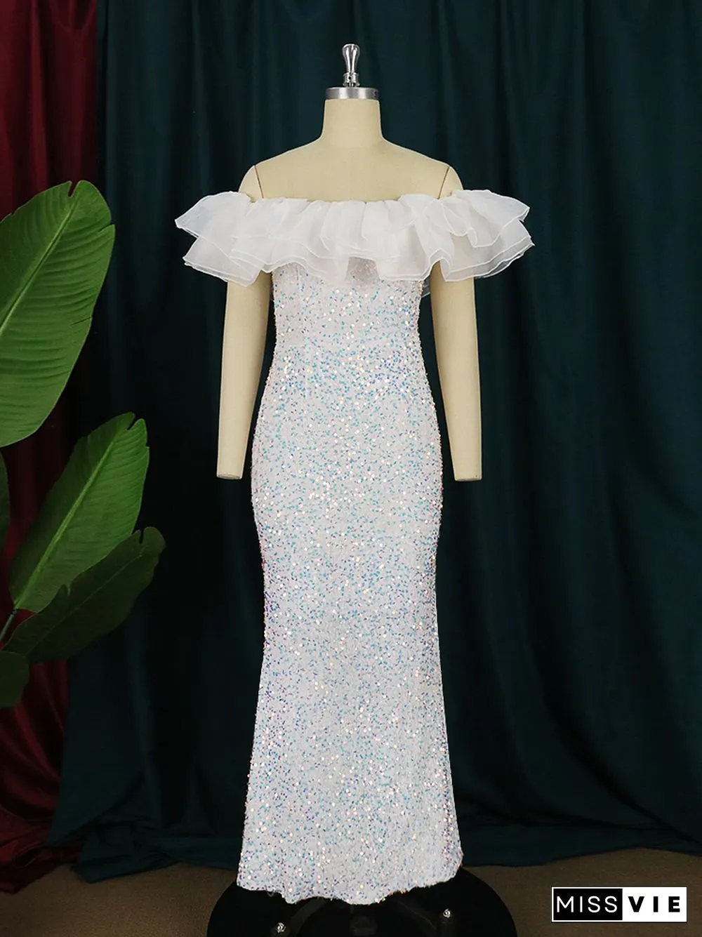White Sequin Dresses Off Shoulder Ruffles Sparkly Velvet Dress Classy Spring Summer Party Evening Celebrity Event Outfits 3XL