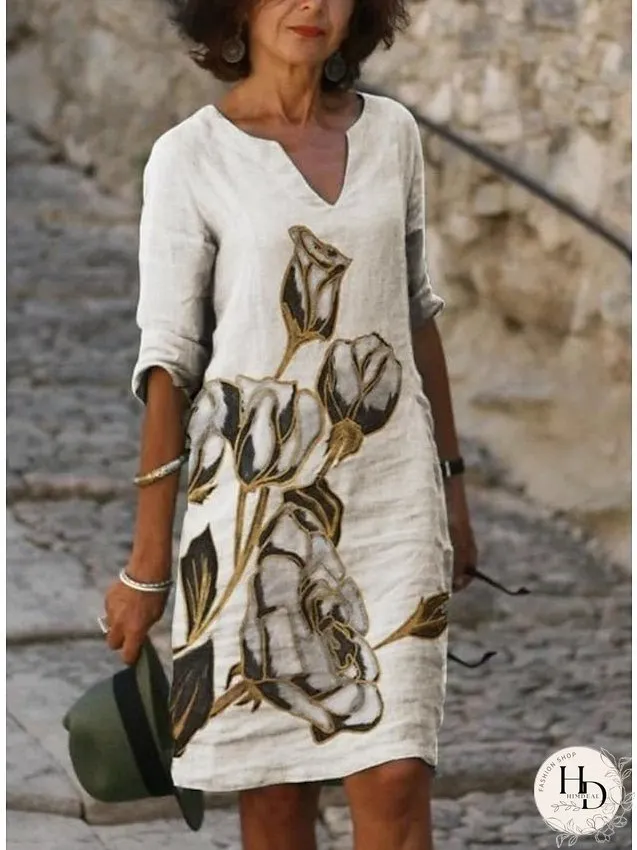 Casual Dress Ethnic Dress Shift Dress Midi Dress Leopard Black White Half Sleeve Floral Print Summer Spring V Neck Basic Daily Vacation Weekend S M L XL XXL 3XL for Women