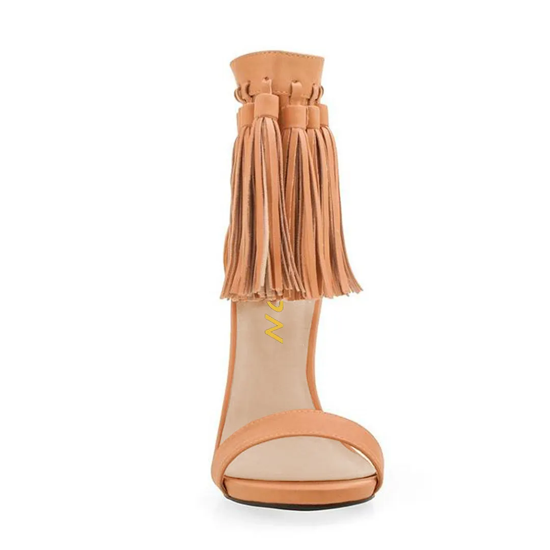 Stylish Nude Open Toe Tassels Decor Ankle Strap High Heels Sandals