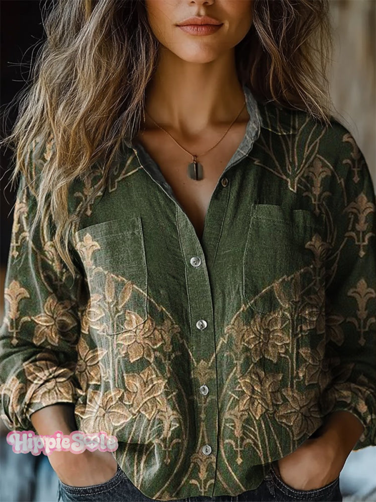Women&rsquo;s Retro Ethnic Floral Pattern Print Casual Long Sleeve Comfortable Cotton Shirt Multicolor / S