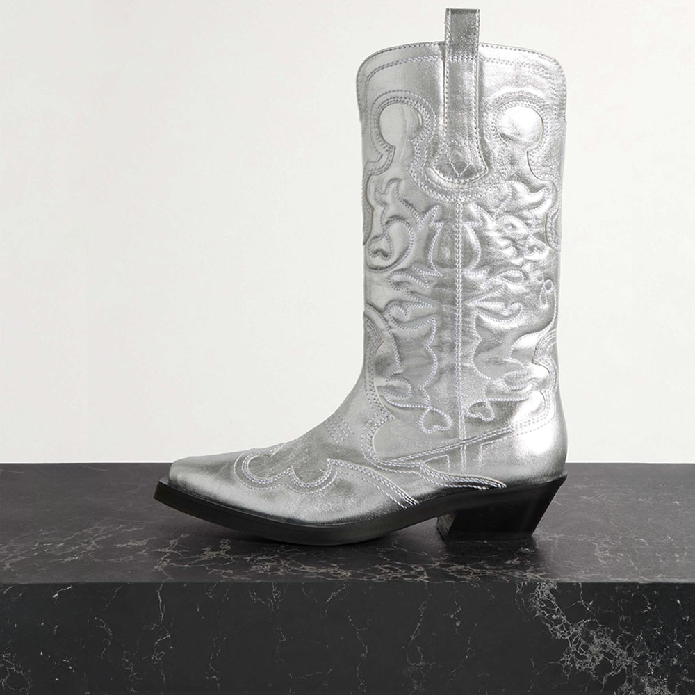 Silver Metallic Pointed Toe Chunky Heel Mid-Calf Cowgirl Boots Nicepairs