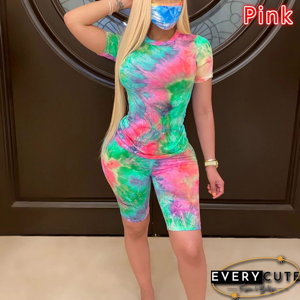 Women Fashion Sexy Tie Dye Printed Two Piece Sets Summer T-Shirt + Shorts 2 Piece Set Slim Fit Outfit Suits