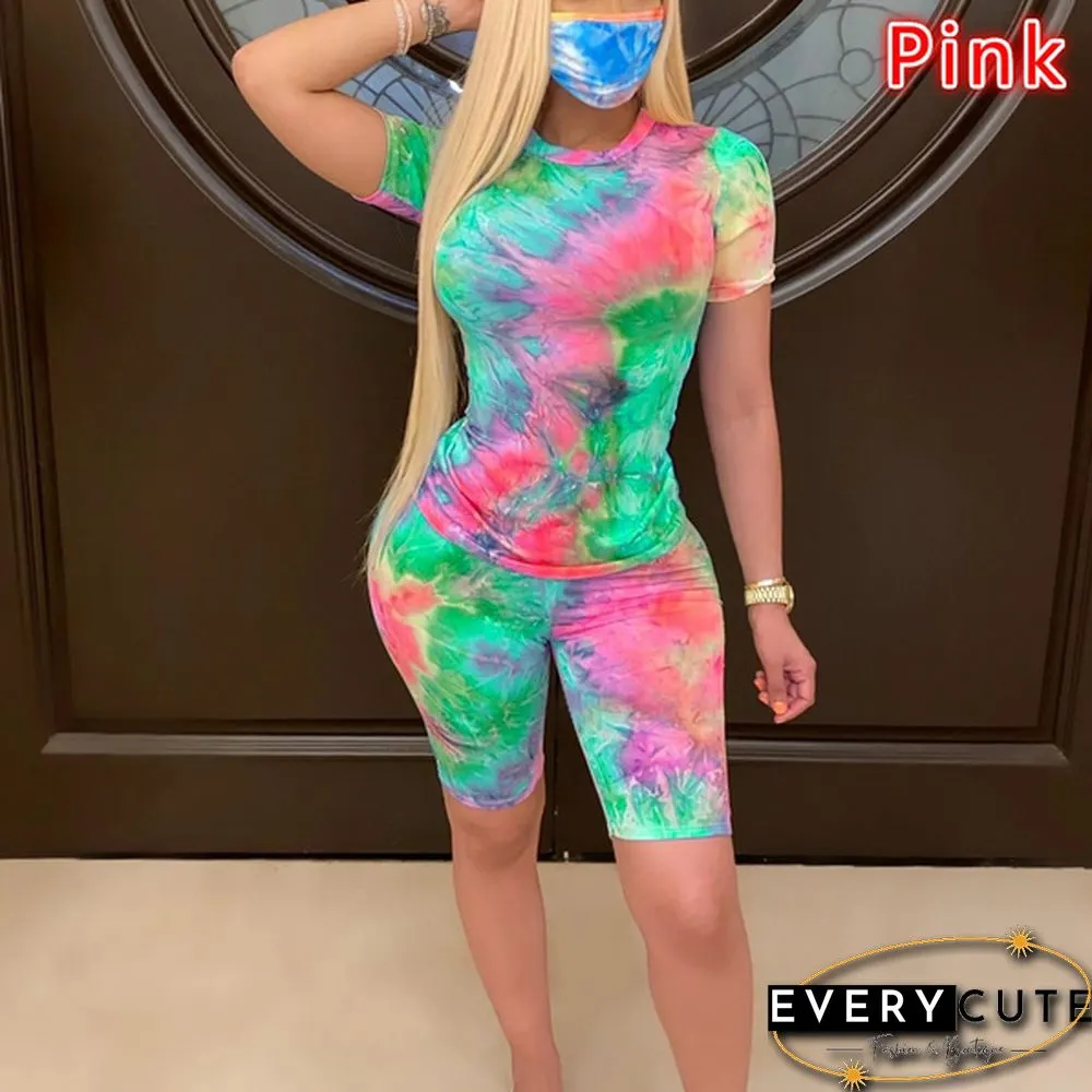 Women Fashion Sexy Tie Dye Printed Two Piece Sets Summer T-Shirt + Shorts 2 Piece Set Slim Fit Outfit Suits
