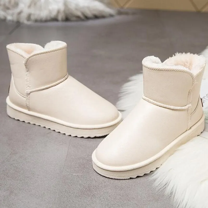 2021 New Winter Plus Velvet PU Waterproof Mid-Tube Snow Boots Thickened Warm Women's Boots 35-40 Flat-Heeled Cotton Shoes