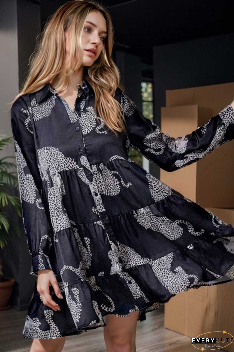 leopard print collared button up shirt dress with ruffled sleeves
