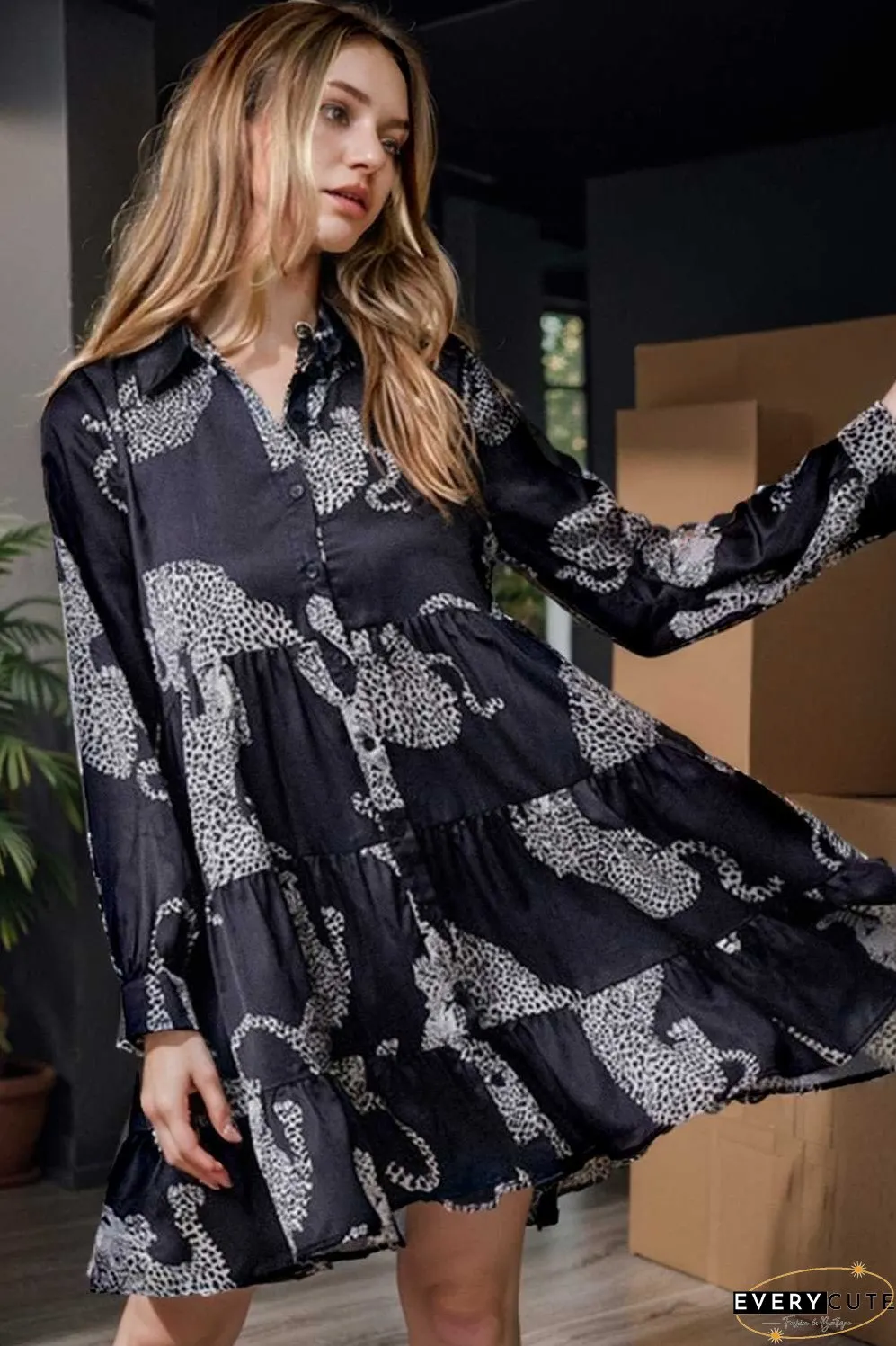 leopard print collared button up shirt dress with ruffled sleeves
