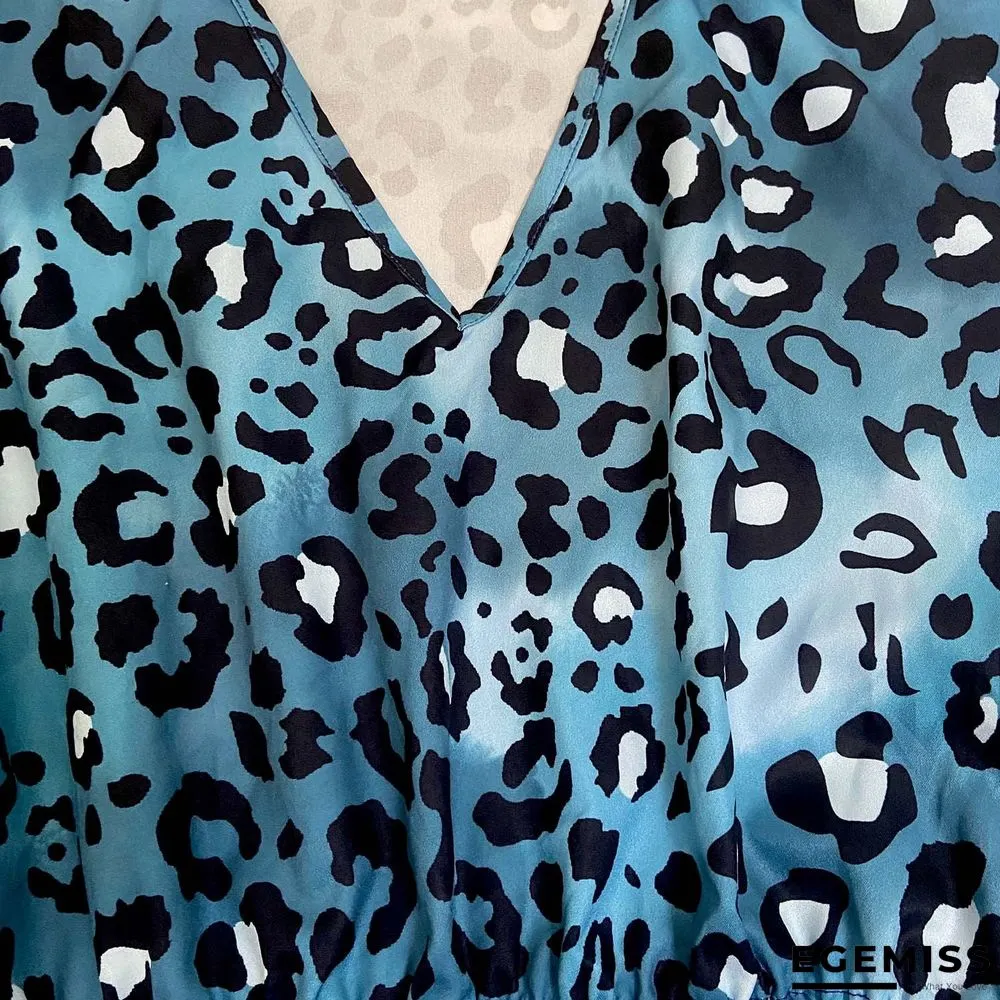 Long Sleeve Printed V-neck Pleated Dress | EGEMISS