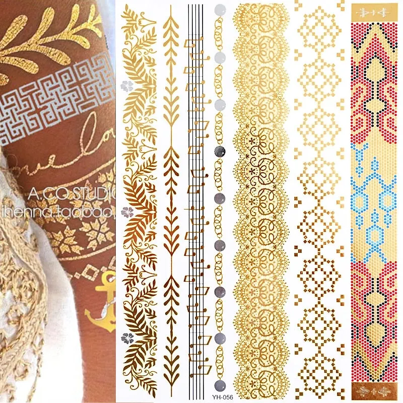 Temporary Tattoos Gold Silver Metallic Tattoo Arm Body Tattoo Cool Bracelet Style Girl DIY Golden Flash Tattoos