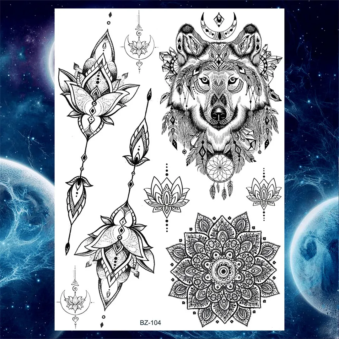 Sexy Black Henna Temporary Tattoos For Women Girls Lotus Flower Lace Tattoo Sticker Fake Jewelry Mandala Body Chest Tatoos Paper