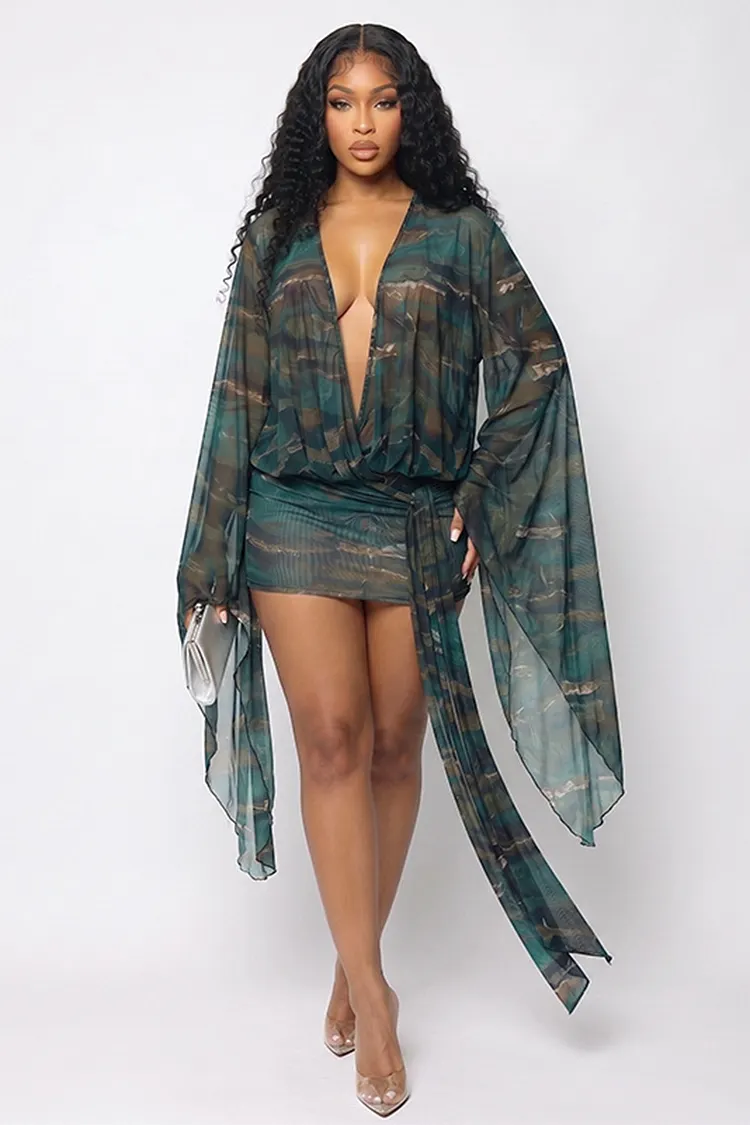 Allover Print Mesh Wrap Neck Long Sleeve Backless Vacation Mini Dresses- Green