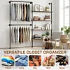 [US Local Warehouse] 14.6x76x82.7Inch Industrial Pipe Clothing Rack with Hanging Rods Heavy Duty Clothes Organizer Large Capacity Display Hanging Garment Rod Wooden Clothes Storage Shelves for Walk In Closet