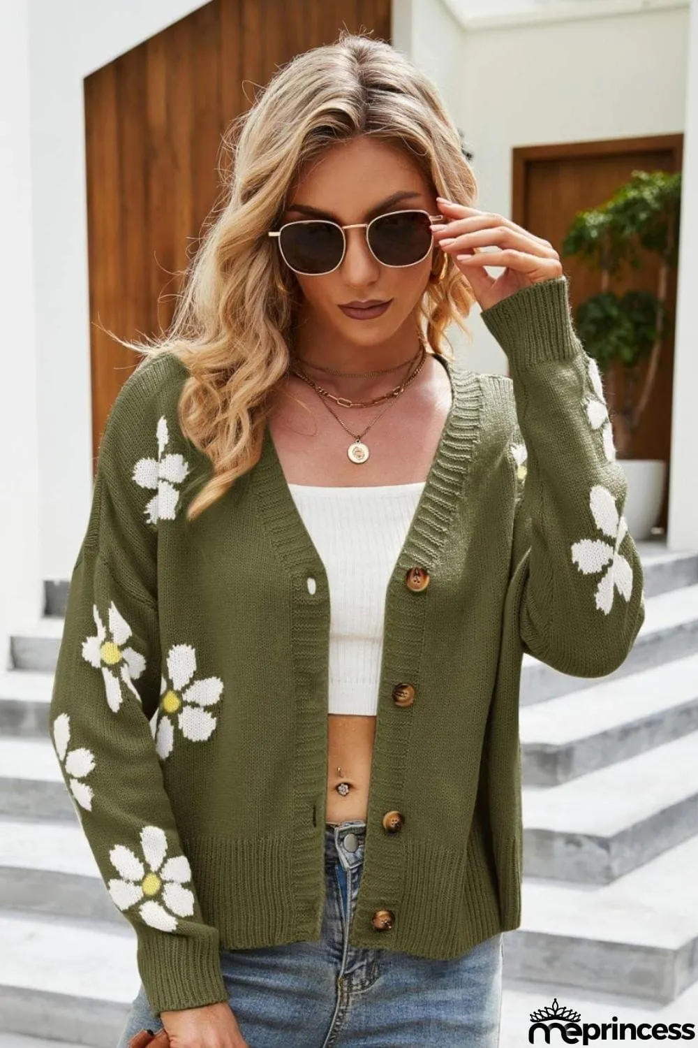 Floral Ribbed Trim Drop Shoulder Cardigan
