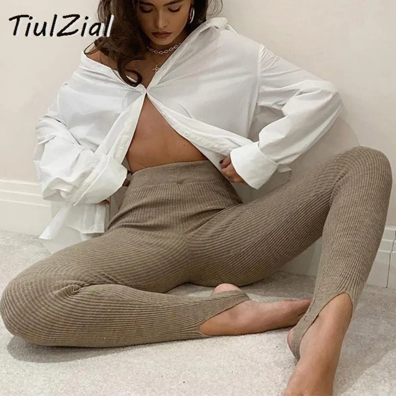 Ribbed Knitt Skinny Stretch Leggings Women Autumn Winter Fashion Elastic High Waist Leggings Outfit Stirrup Leggings