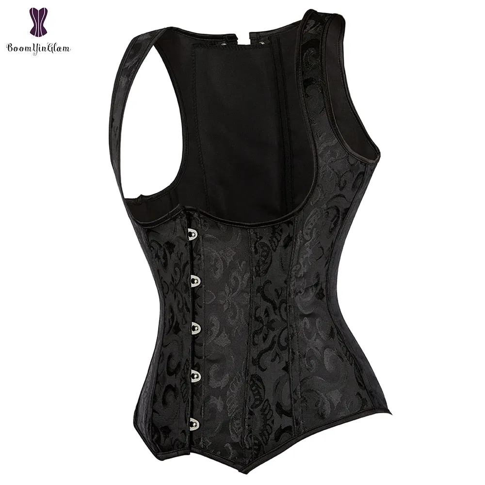 Steampunk Underbust Corset Vest Jacquard Floral Waist Cincher Shaper Shapewear With G String