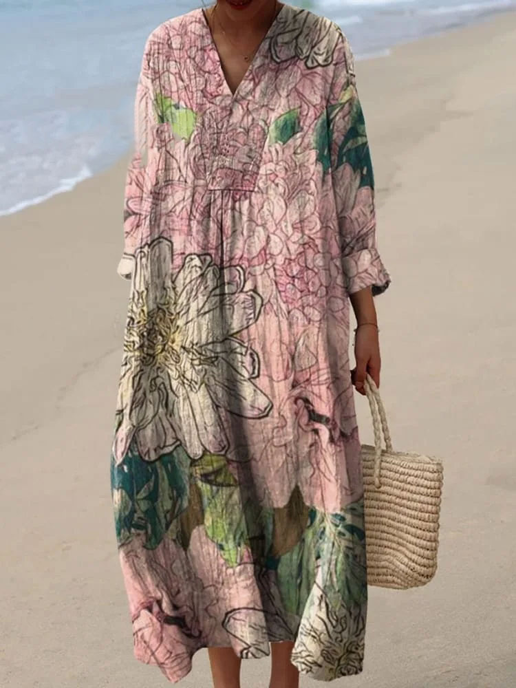 Women's Retro Pink Large Flower Art Print Flowy Dress