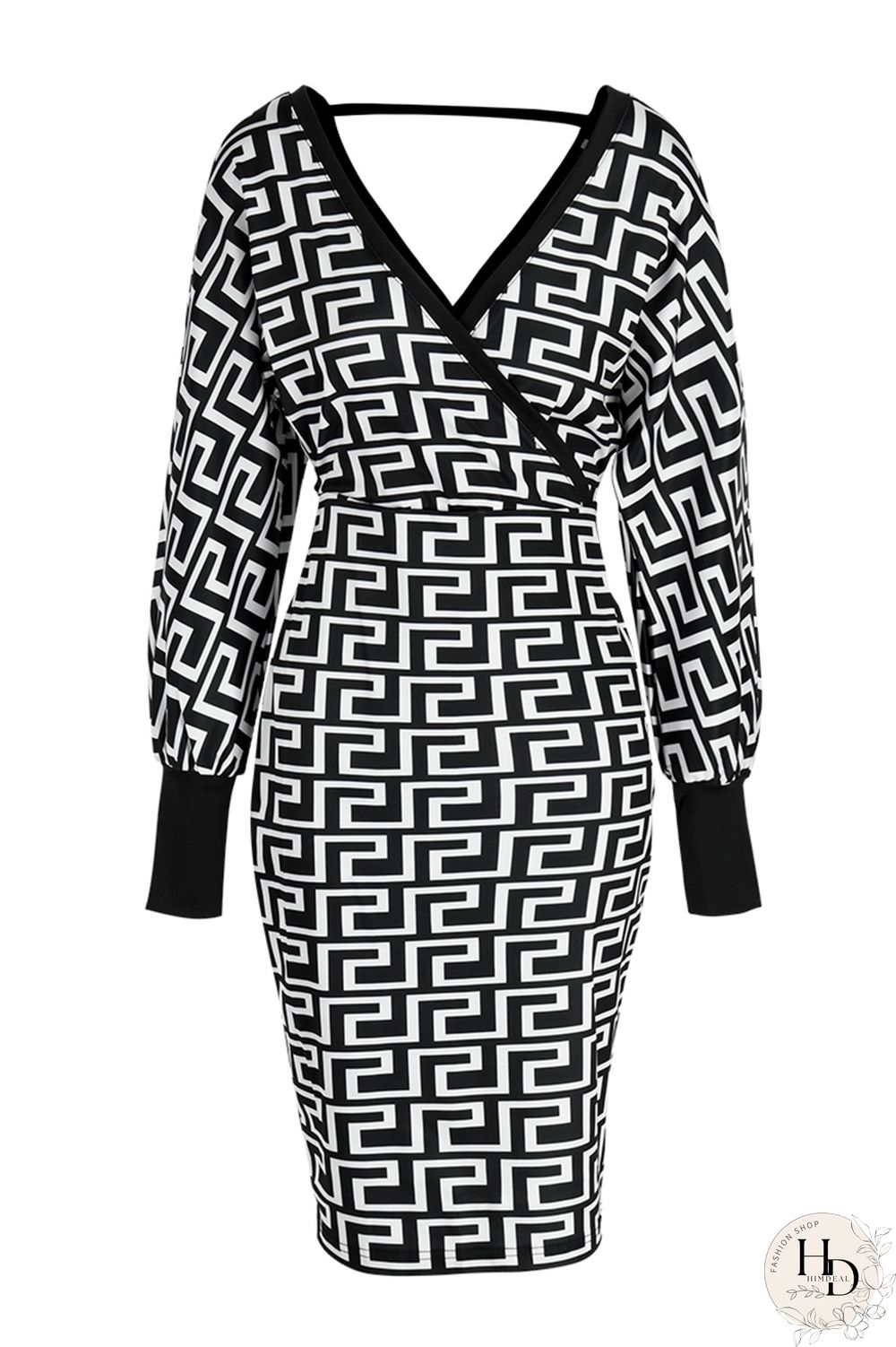 Black khaki Fashion Casual Print Patchwork V Neck Long Sleeve Dresses
