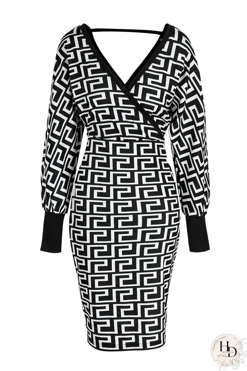 Black khaki Fashion Casual Print Patchwork V Neck Long Sleeve Dresses
