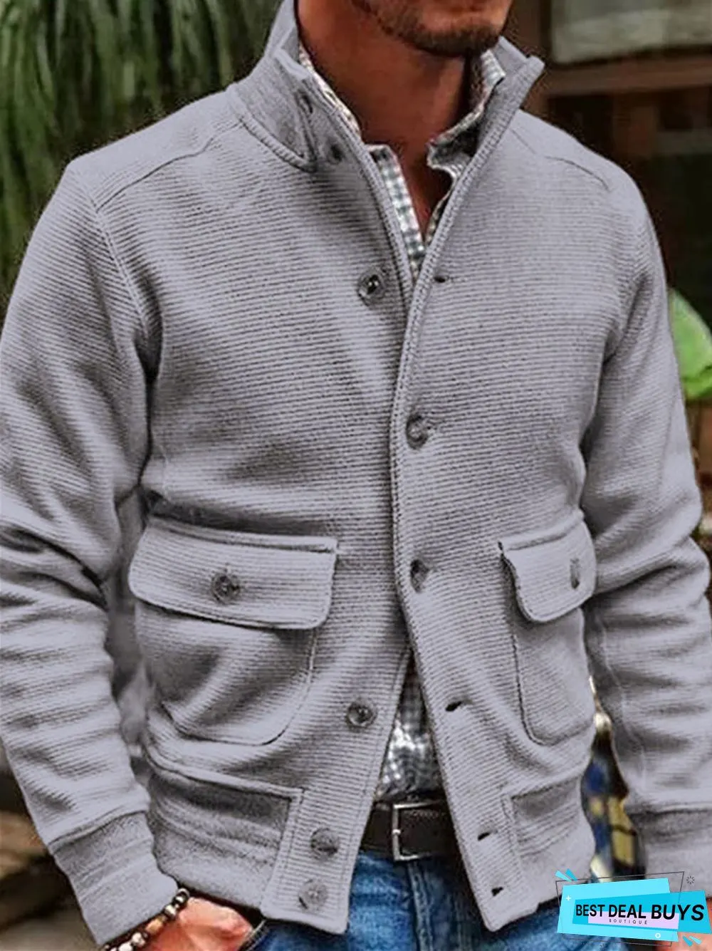Men's Stand Collar Solid Color Casual Jacket