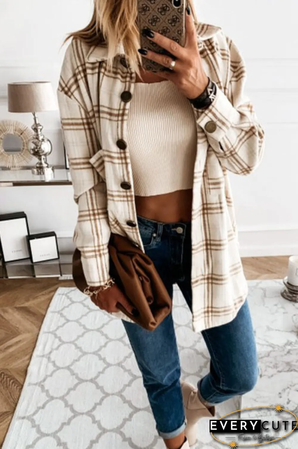 Fashion Casual Plaid Splicing Button Pocket Shirt