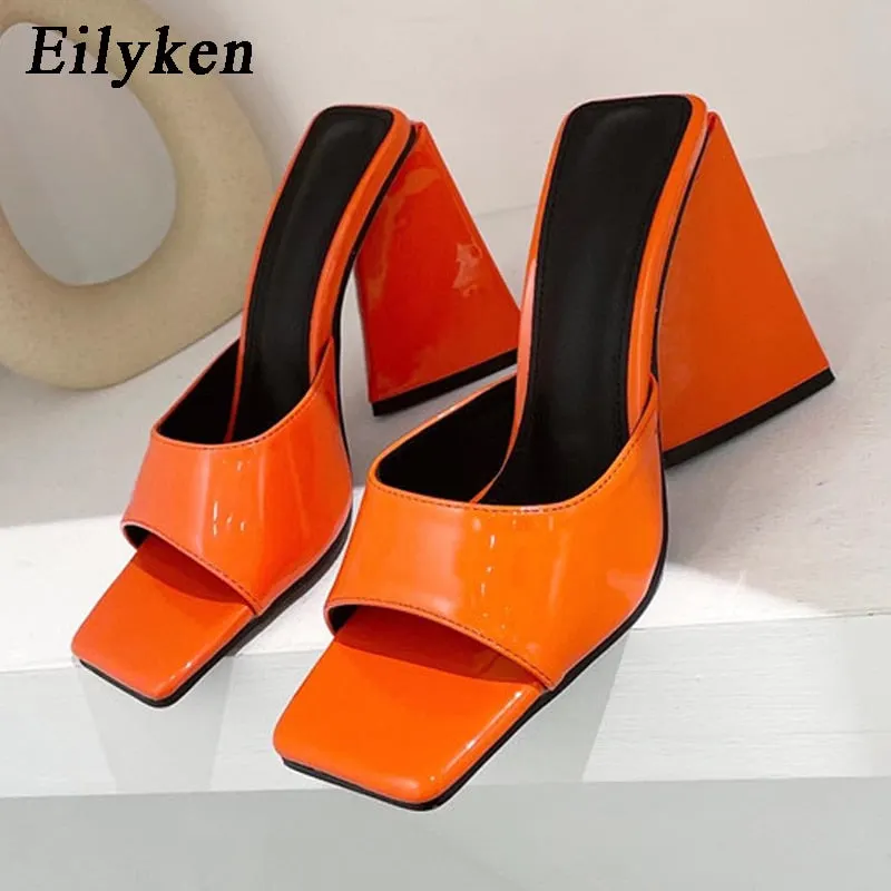 Eilyken Summer Orange Black Triangle Thick heel Slippers Sexy Street Woman Party Peep toe Dress shoes size 35-41