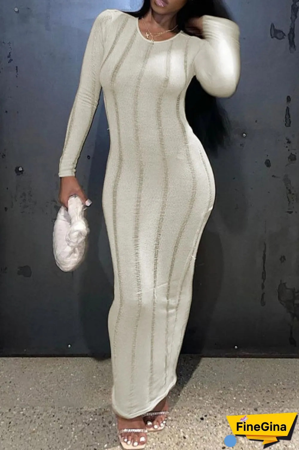 Khaki Sexy Casual Solid Backless O Neck Long Sleeve Dresses