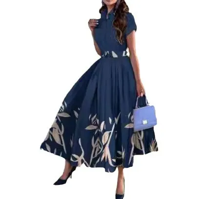 Brownm Brownm Shirt Collar Large Hem Positioning Floral Print Short Sleeve Button Dress Belt Belt