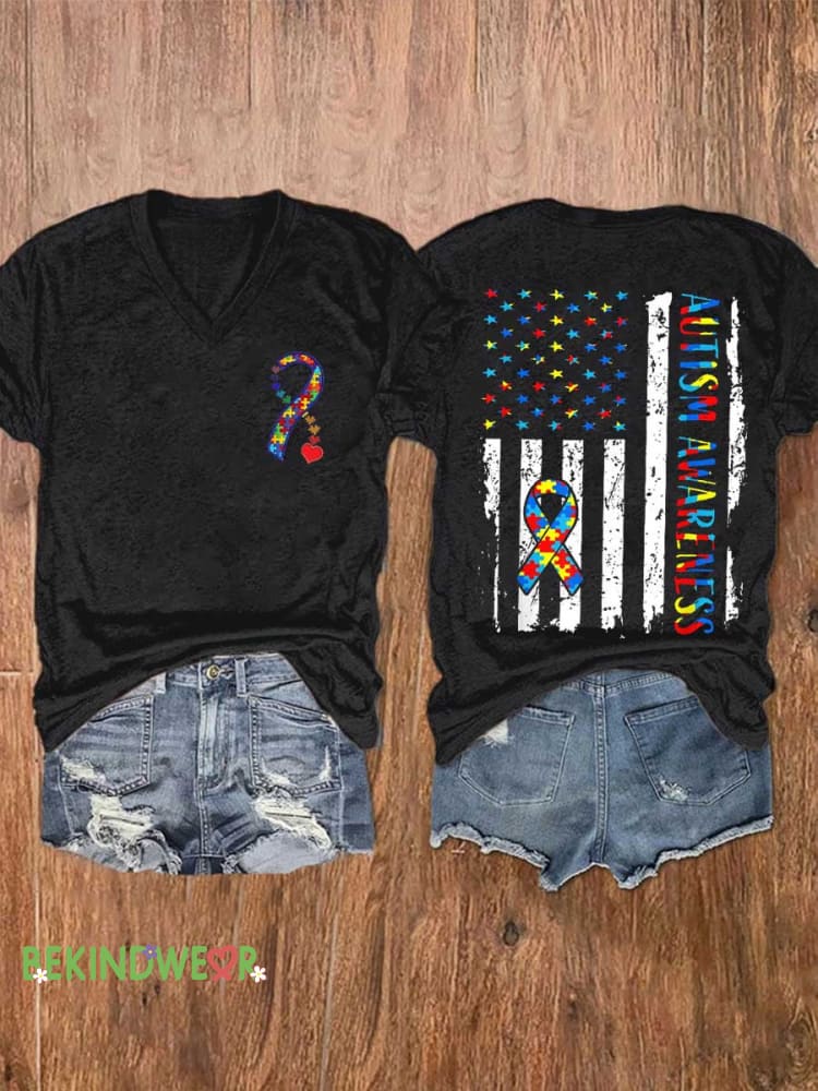 Women&rsquo;s Autism Awareness Puzzle Ribbon V-neck Casual T-Shirt Black / S