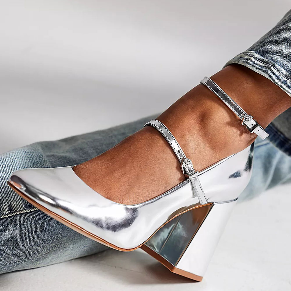 Silver Mirror Round Toe Chunky Heel Buckle Ankle Strap Mary Jane Shoes Nicepairs