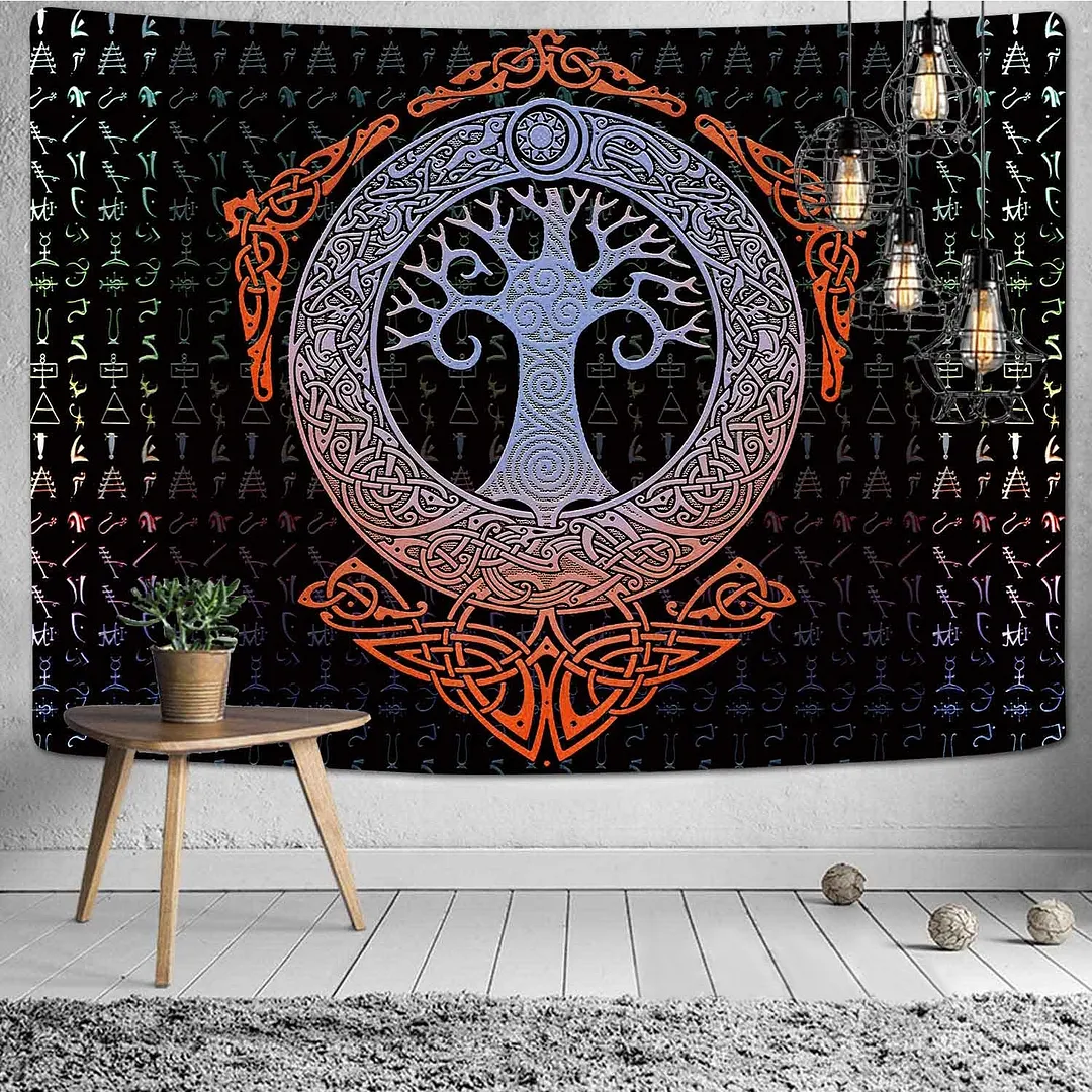 Viking Raven Tapestry Mysterious Viking Meditation Psychedelic Runes Art Wall Hanging Tapestries for Living Room Decor Yoga Mat