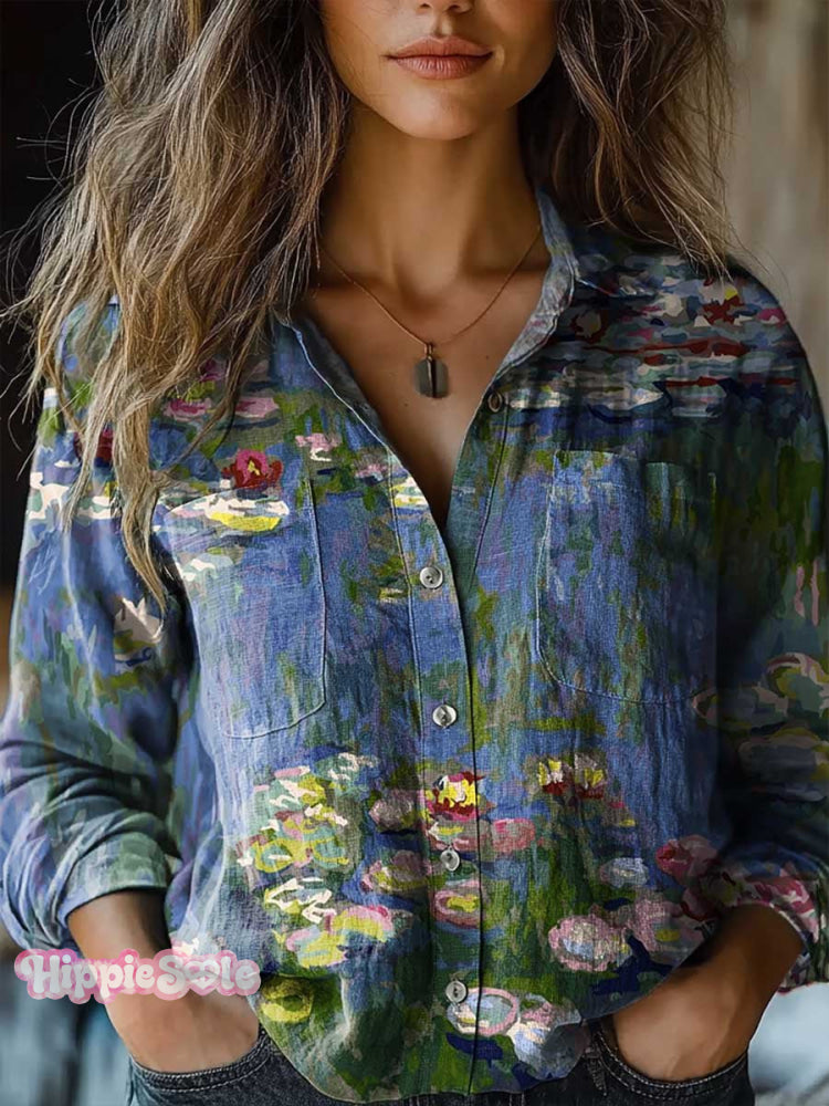 Women&rsquo;s Gouache Floral Art Print Casual Long Sleeve Comfortable Cotton Shirt Multicolor / S