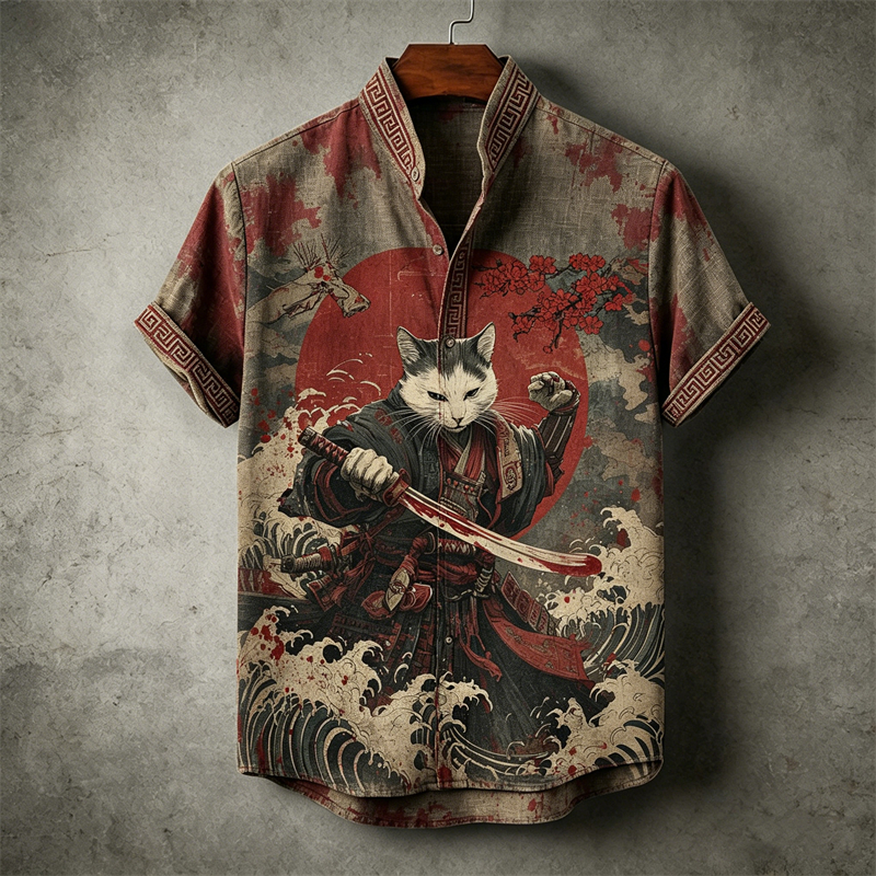 Men's Japanese Bloody Cat Samurai Sea Waves Linen Shirt elevenforest