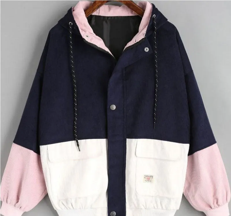 Brownm Loose Color Hooded Corduroy Overalls Coats