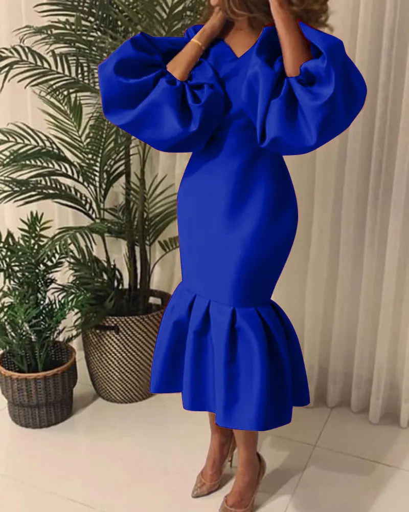 Brownm Commute Plus Size Women's Fashion Solid Color V-neck Bubble Long Sleeve Fishtail Dress