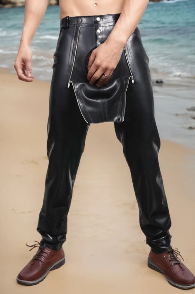 Men Black Latex Pants Sailor-Front Jeans