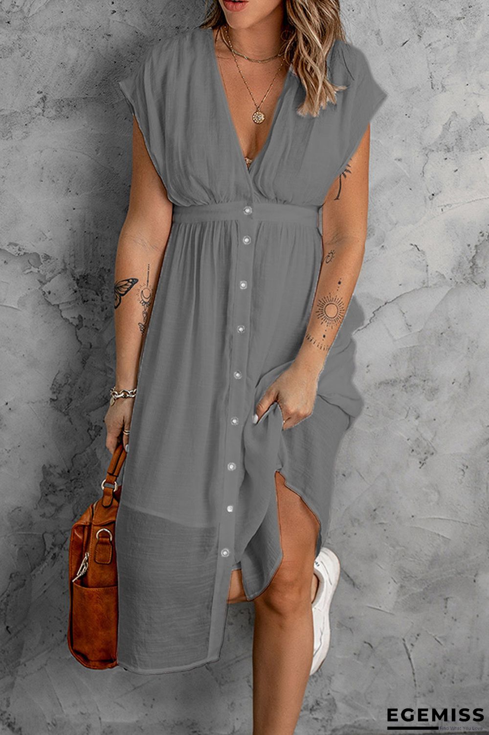 Double-layer Tulle Solid Color Dress Women's Deep V Short Sleeve Waist Dress White Dresses | EGEMISS
