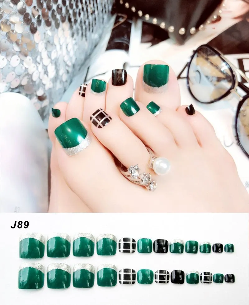 24Pcs Pretty Summer Beach Toes False Nails Rhinestone Pre-design Full Cover Red Foot Artificial Fake Nails with Glue Nail Beauty-Nail Inspo