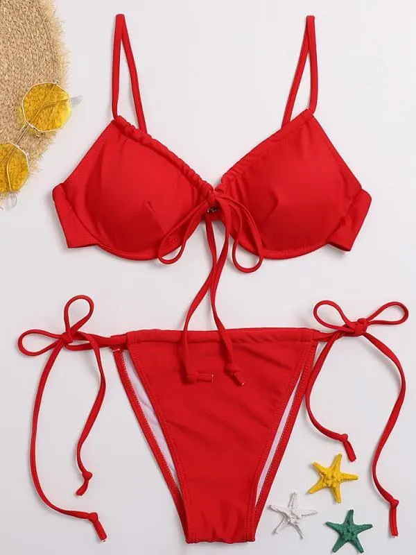 Solid Color Underwired Bandage Triangles Split Bikini Swimsuit